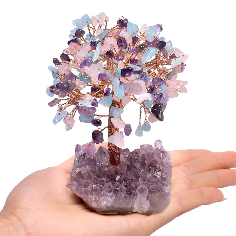 AMETHYST + ROSE QUARTZ + AQUAMARINE CRYSTAL TREE (STONE BASE)