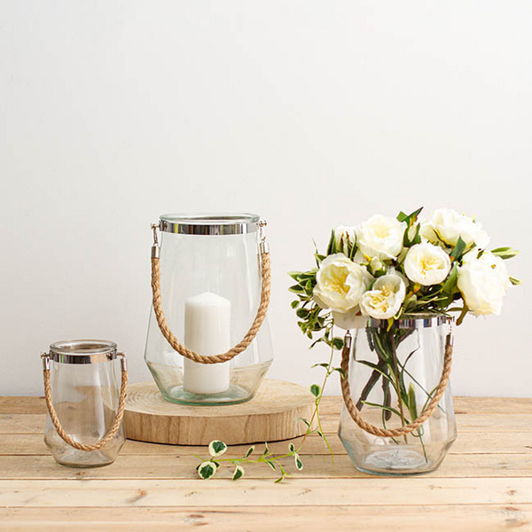 Glass Elva Hurricane Vase with Rope Handle Clear