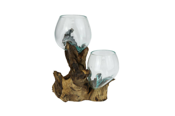 25x20x35cm Driftwood Piece With Twin Hand Blown Glass Bowls