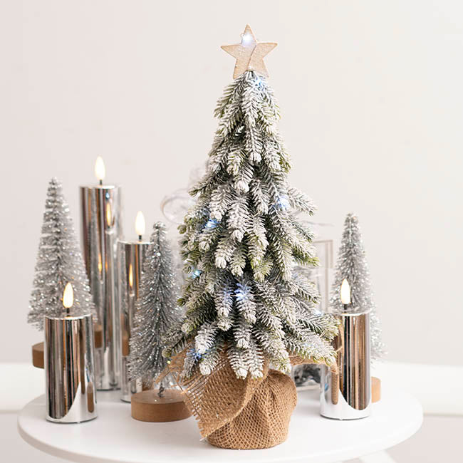 Snow Pine LED Burlap Table Top Tree w Star White (40cmH)