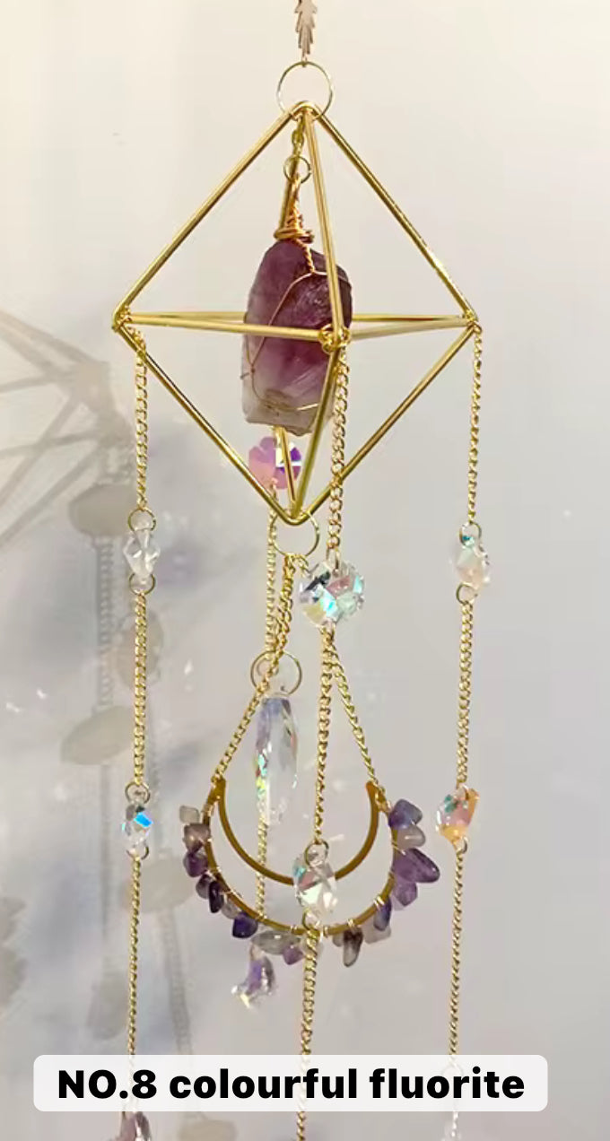 Coloured Fluorite Crystal Suncatcher - Gold