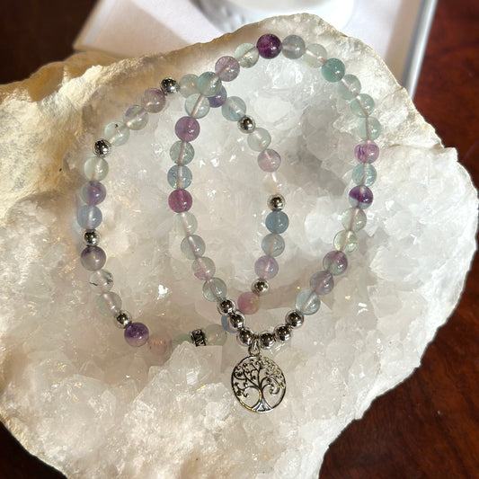 RAINBOW FLUORITE RHODIUM BRACELET SET