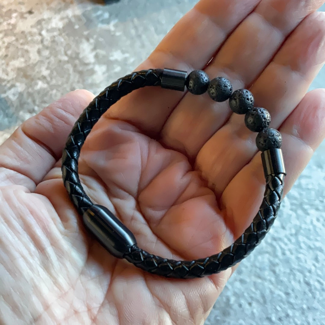 BRAIDED LEATHER & LAVA STONE BRACELET