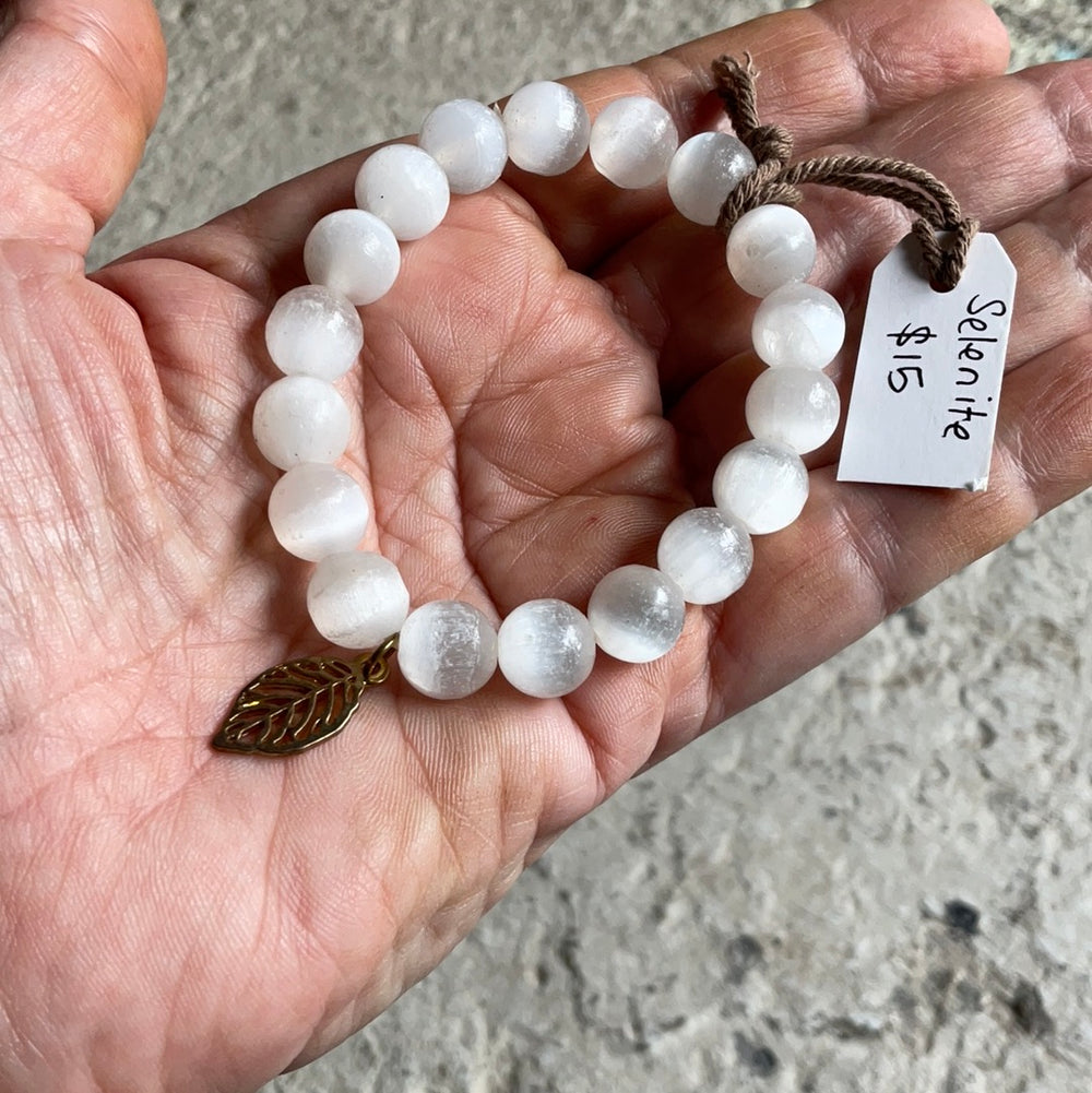 Selenite Bracelet with Leaf Charm
