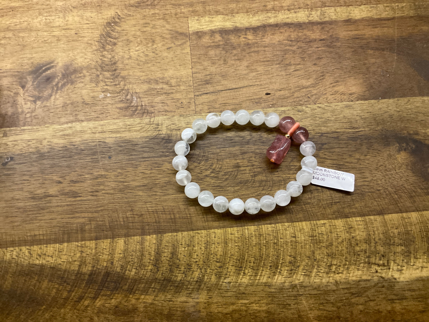 8mm RAINBOW MOONSTONE W STRAWBERRY QUARTZ
