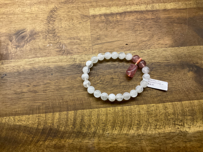 8mm RAINBOW MOONSTONE W STRAWBERRY QUARTZ