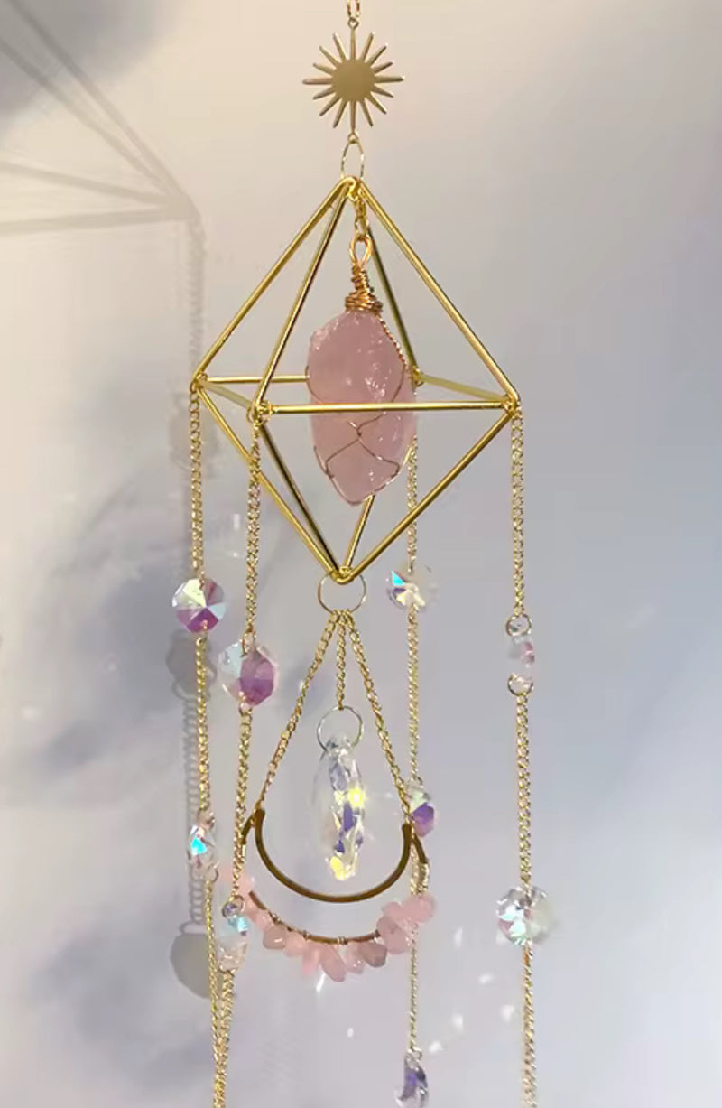 Rose Quartz Crystal Suncatcher - Gold