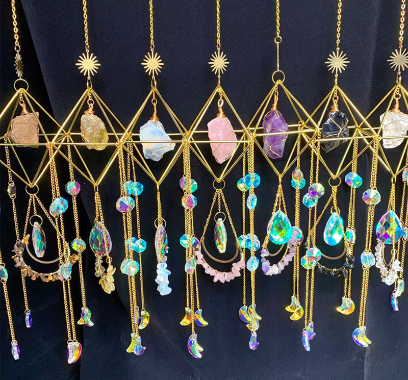 Coloured Fluorite Crystal Suncatcher - Gold