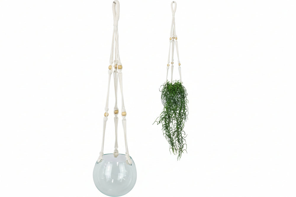 Glass hanging planter with a natural fiber strap on a white background