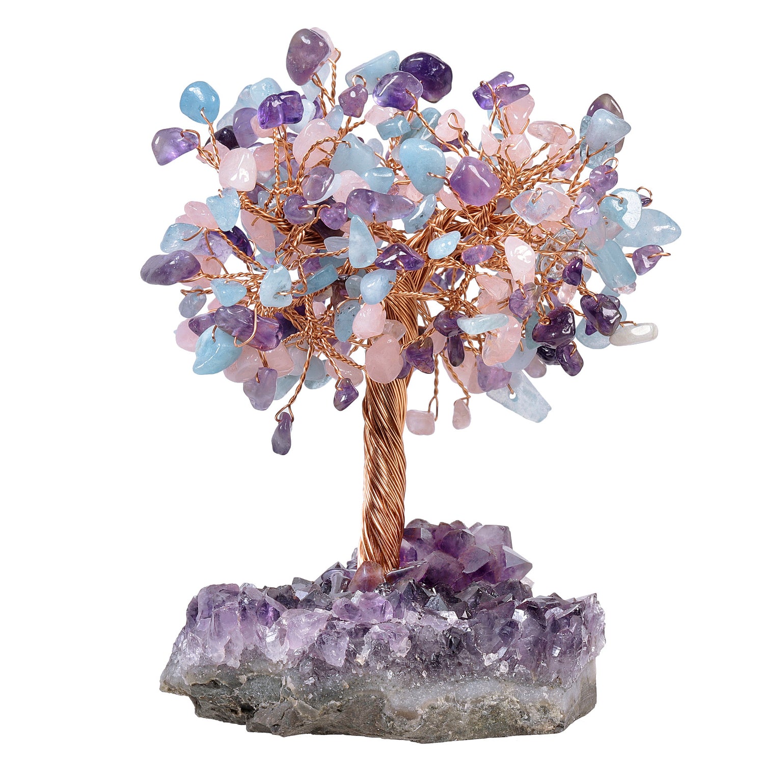 AMETHYST + ROSE QUARTZ + AQUAMARINE CRYSTAL TREE (STONE BASE)