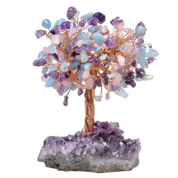 Amethyst + Rose Quartz + Aquamarine Crystal Tree (Stone Base)