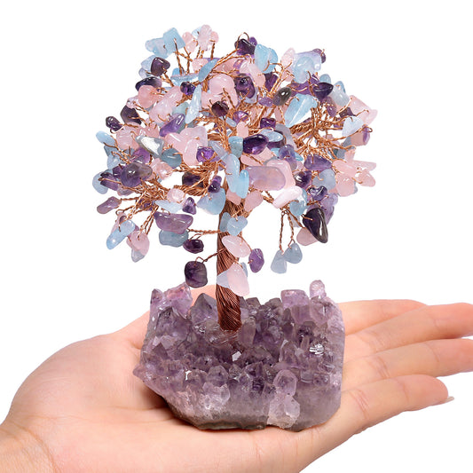 AMETHYST + ROSE QUARTZ + AQUAMARINE CRYSTAL TREE (STONE BASE)