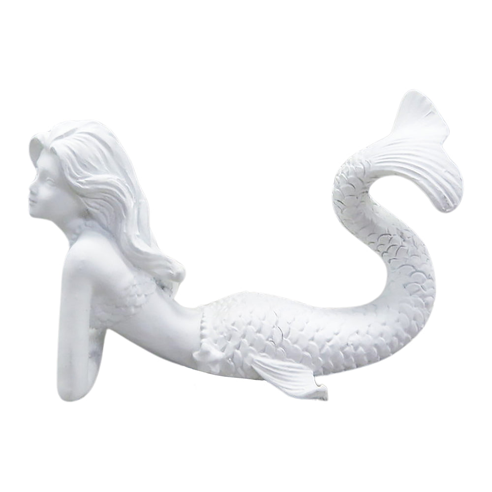 A white resin mermaid garden statue shown from the side profile against a plain white background.