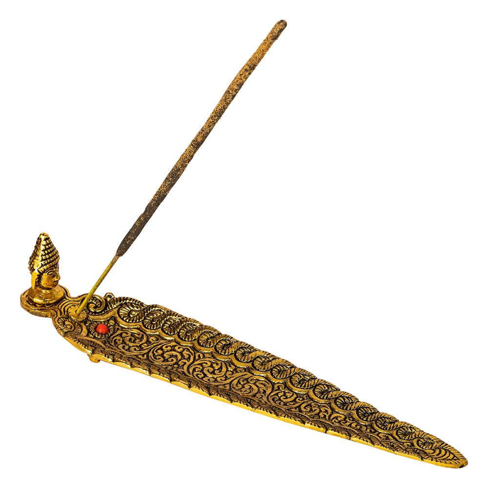 Aluminium Buddha Head Leaf Incense Burner Gold 23cm